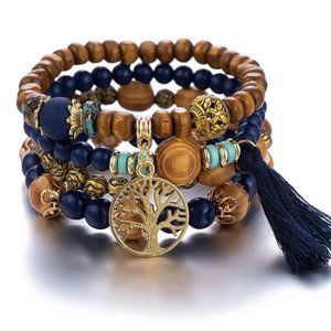 Tree Of Life 4 Piece Multilayer Bohemian Beaded Navy Blue Bracelet - NEW